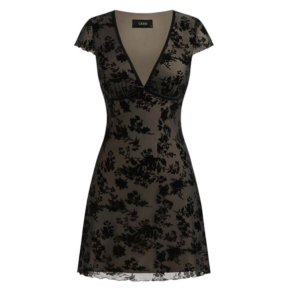 Cider Dresses & Skirts - Cider Mesh V-Neck Floral Bow Nude Lined Black Mini Dress 8